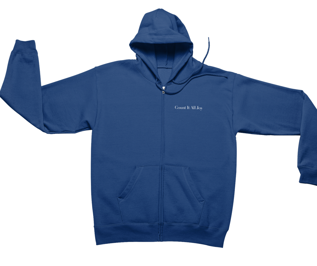 Count It All Joy Embroidered Zip-Up Hoodie Navy Blue Black Red