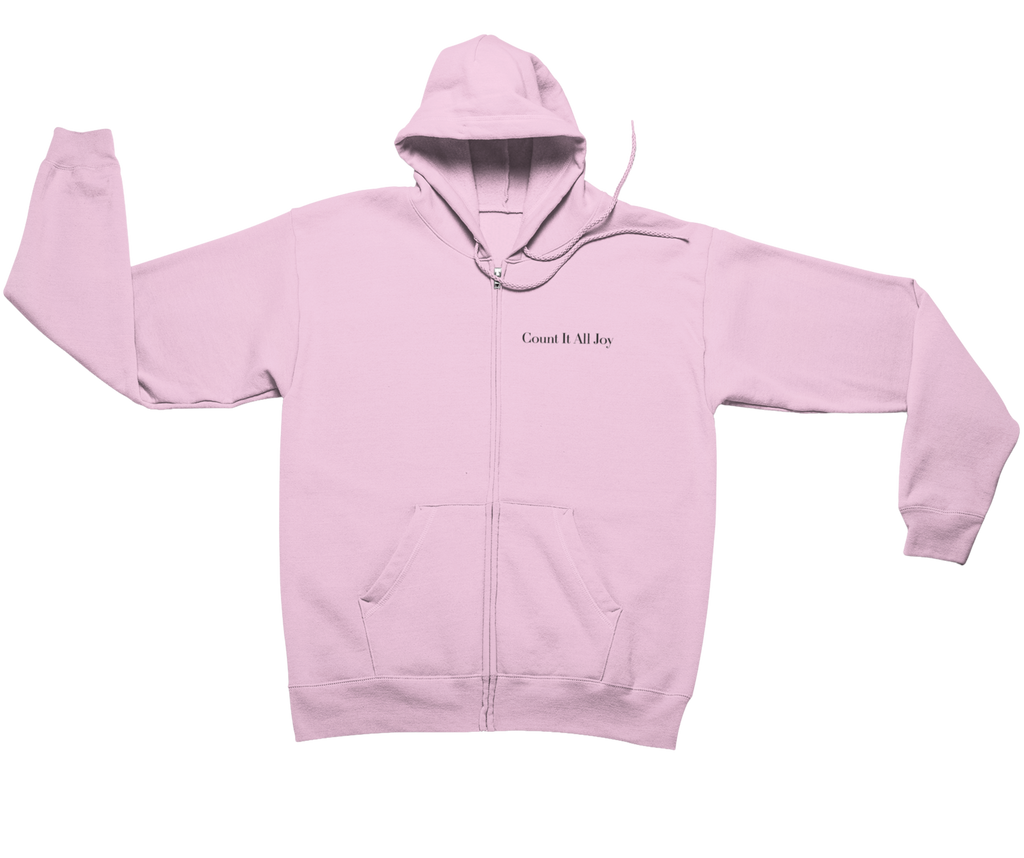 Count It All Joy Embroidered Zip-Up Hoodie Light Pink Purple White
