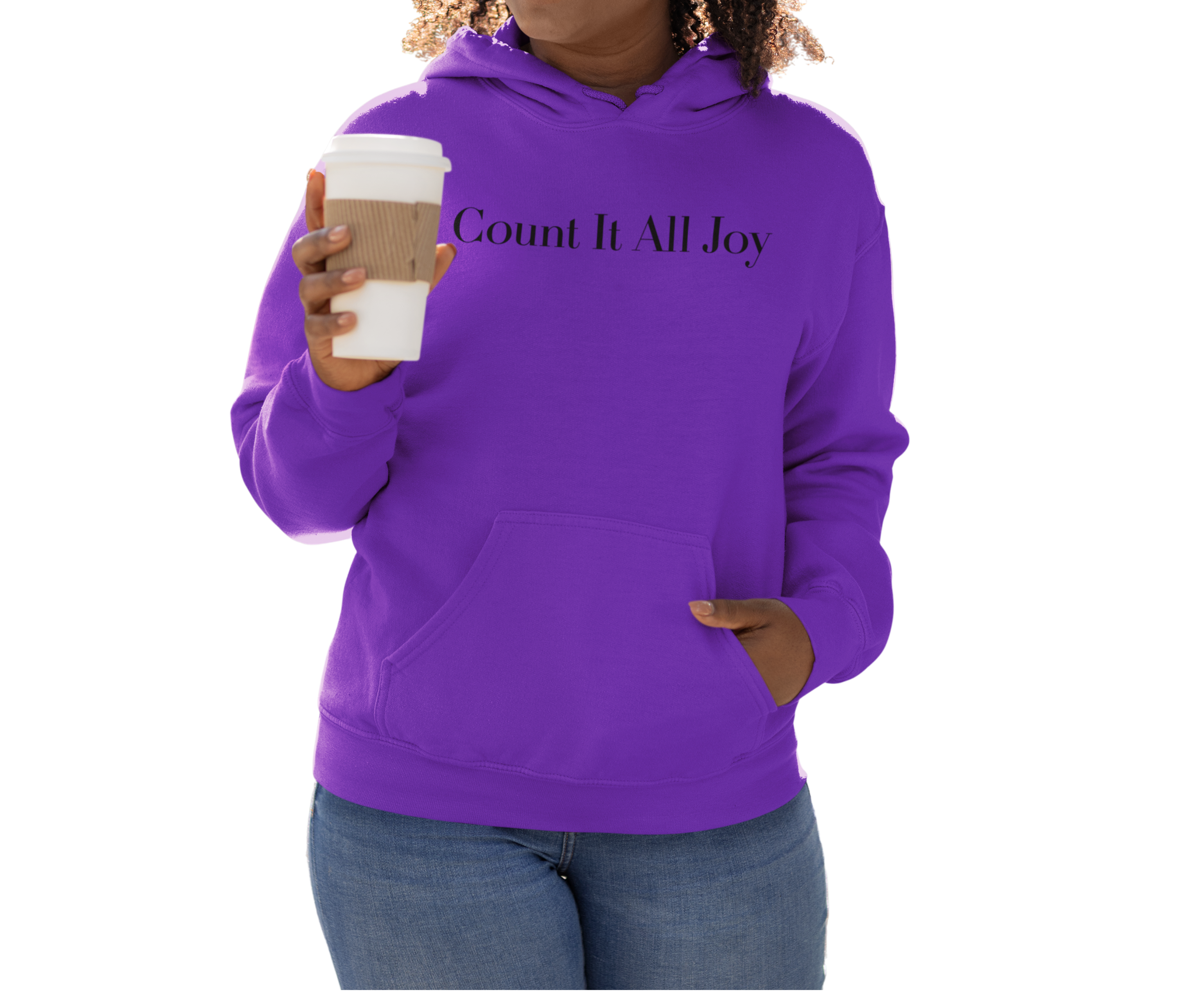 Person wearing a purple hoodie with 'Count It All Joy' text, holding a coffee cup.