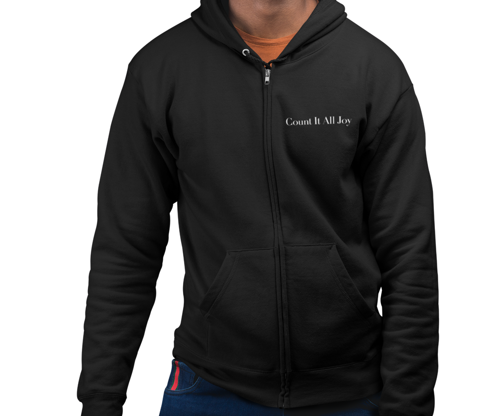 Count It All Joy Embroidered Zip-Up Hoodie Navy Blue Black Red