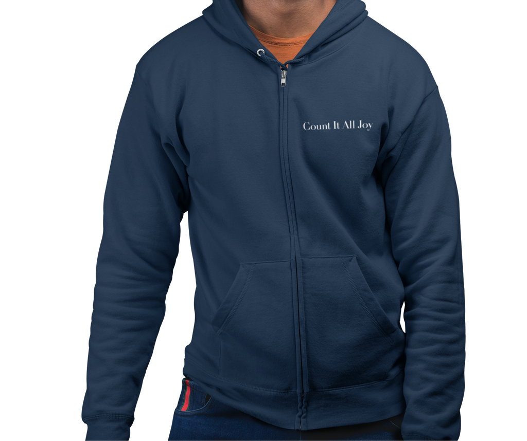 Count It All Joy Embroidered Zip-Up Hoodie Navy Blue Black Red