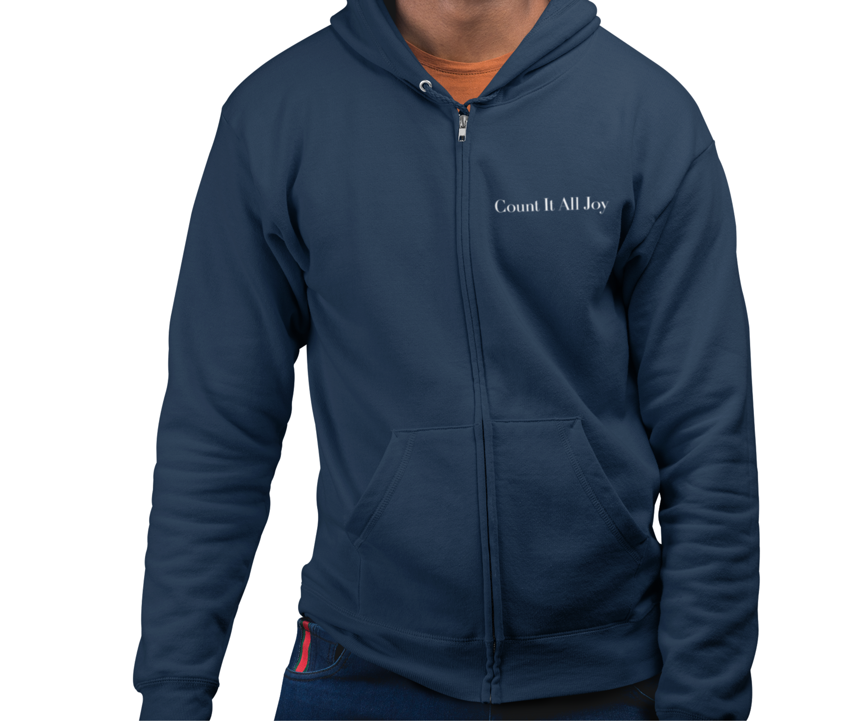 Navy blue hoodie with 'Count It All Joy' text on a white background