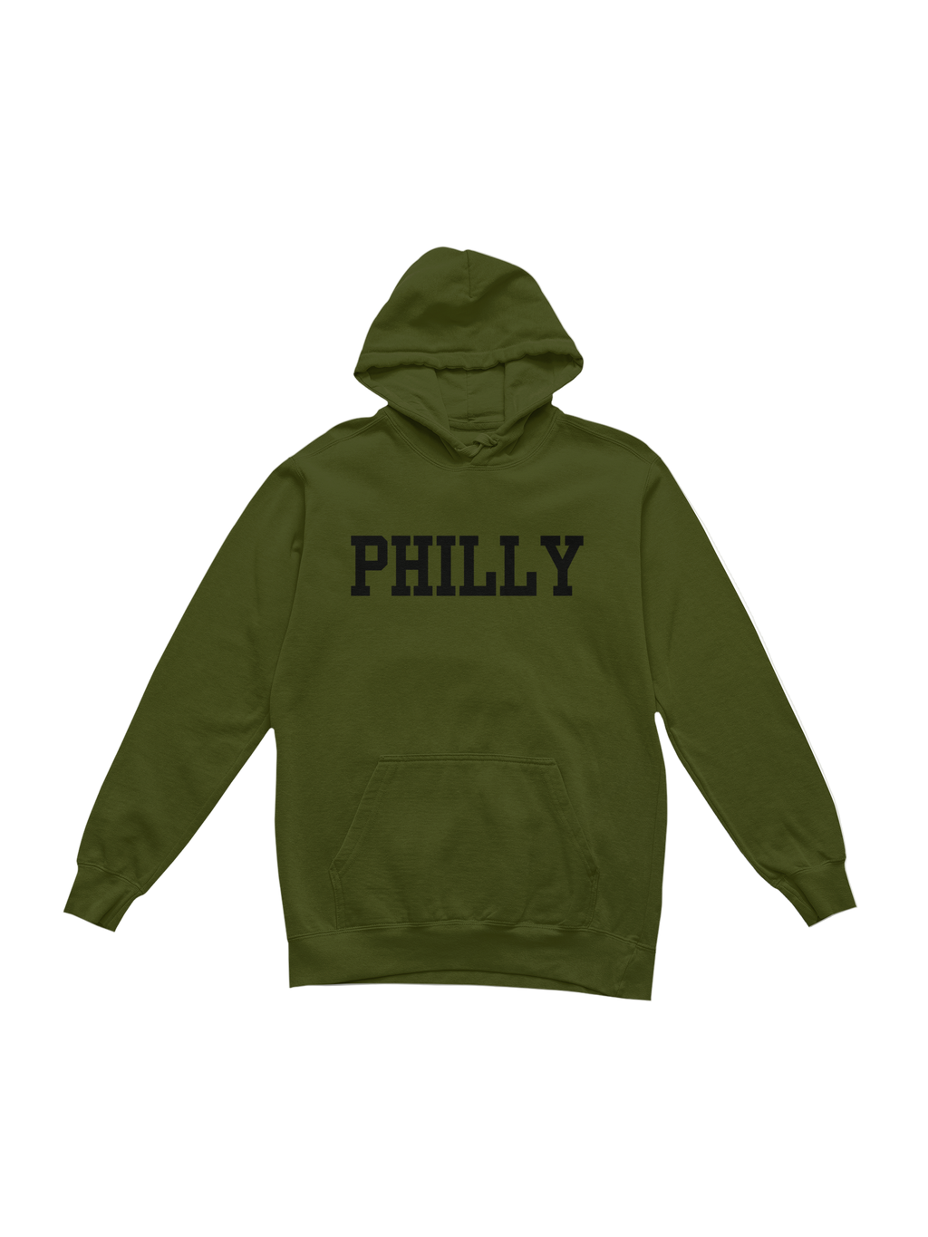 Green hoodie with 'PHILLY' text on a white background