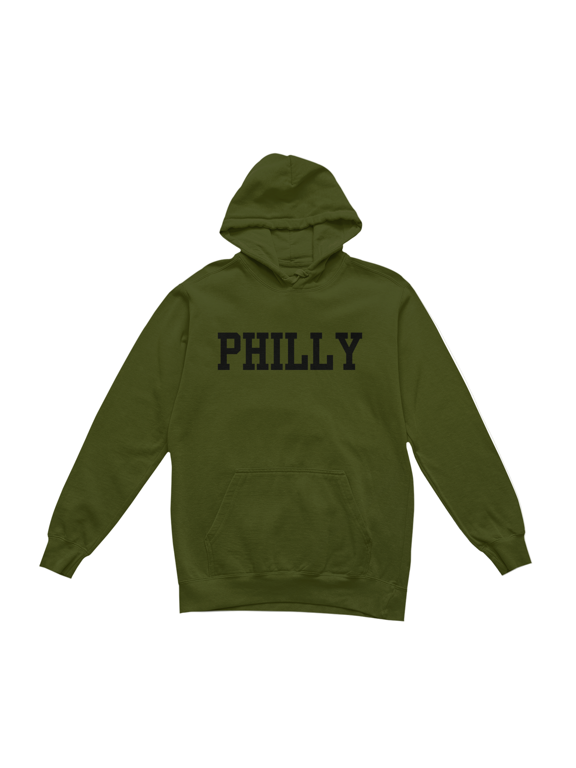 Green hoodie with 'PHILLY' text on a white background