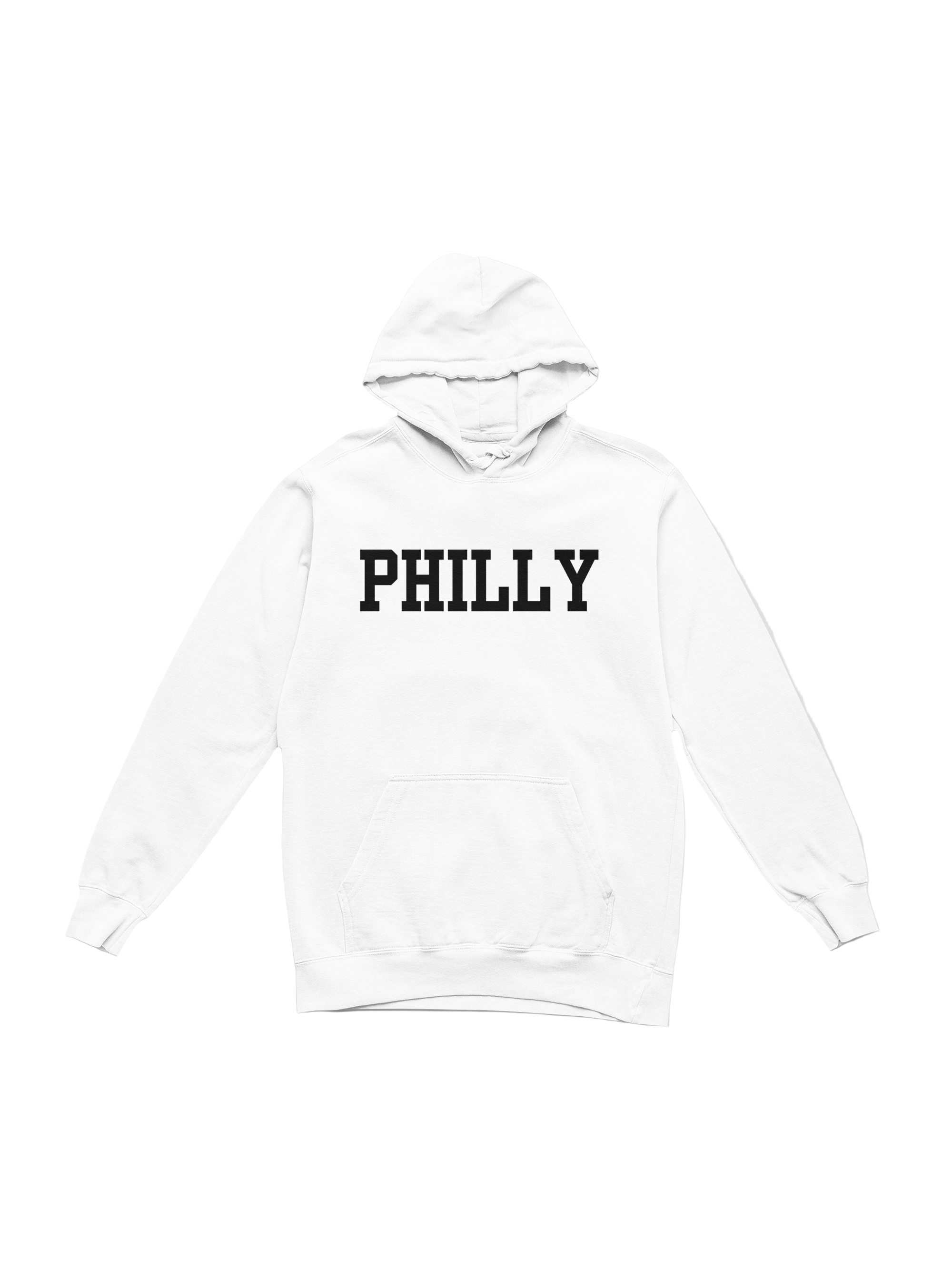 White hoodie with 'PHILLY' text on a gray background