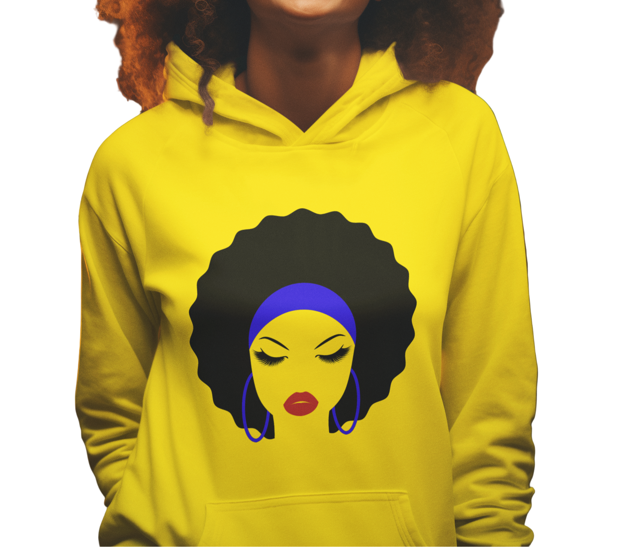 Person wearing a yellow hoodie with a graphic design of a woman's face on a white background